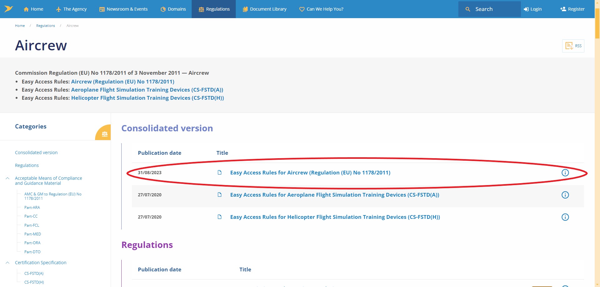 This opens the option to select the Easy Access Rules for Aircrew (Regulation (EU) No 1178/2011). 